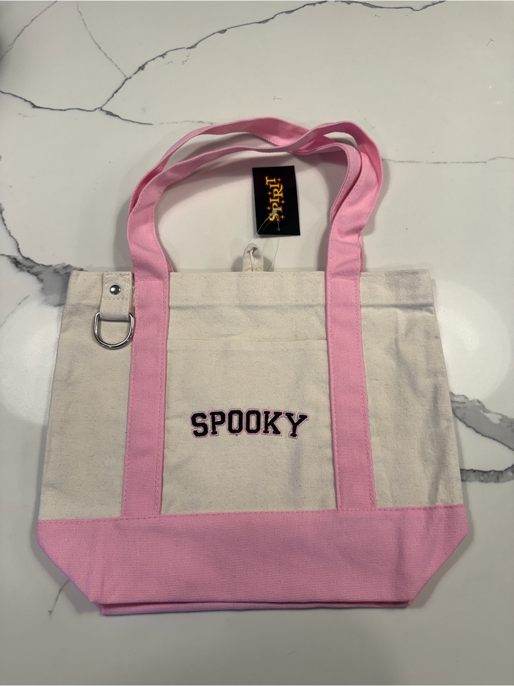 Spirit Halloween mini spooky Canvas Tote Bag in Pink & Cream